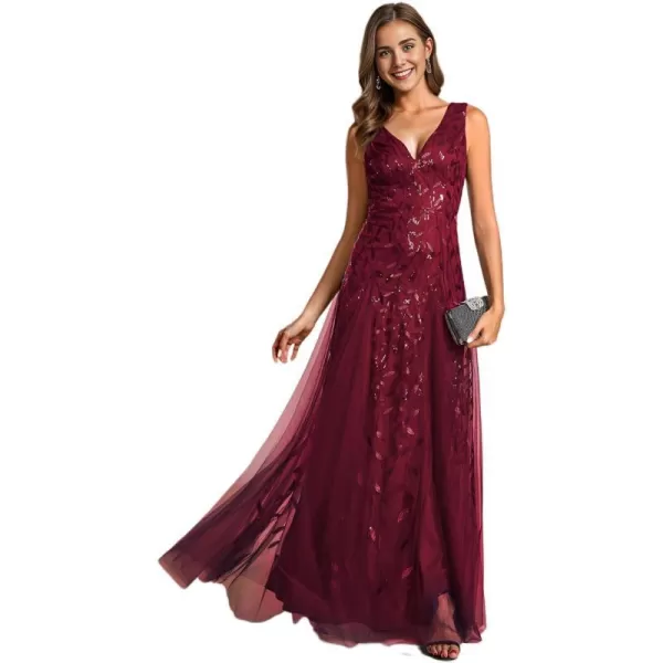 EverPretty Womens Sexy Sleeveless VNeck Evening Gowns Empire Waist Sequin Embroidery Formal DressBurgundy