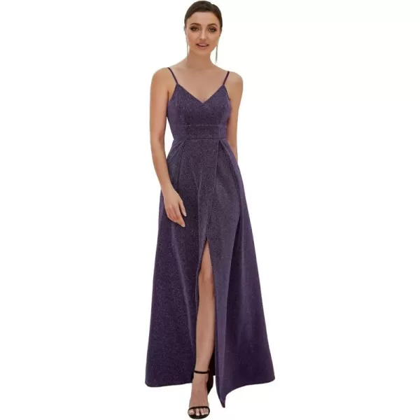 EverPretty Womens Sexy Spaghetti Straps Slit ALine Glitter Prom Dress 50120Purple