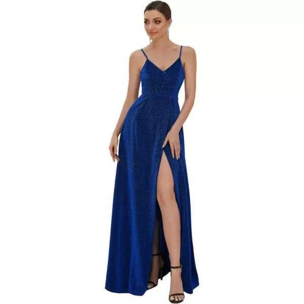 EverPretty Womens Sexy Spaghetti Straps Slit ALine Glitter Prom Dress 50120Sapphire Blue