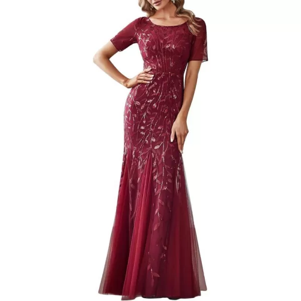 EverPretty Womens Sexy Tulle Short Sleeve Sequins Summer Mermaid Prom DressBurgundy