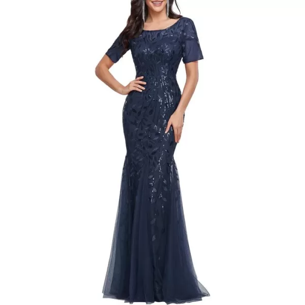 EverPretty Womens Sexy Tulle Short Sleeve Sequins Summer Mermaid Prom DressNavy Blue Blue