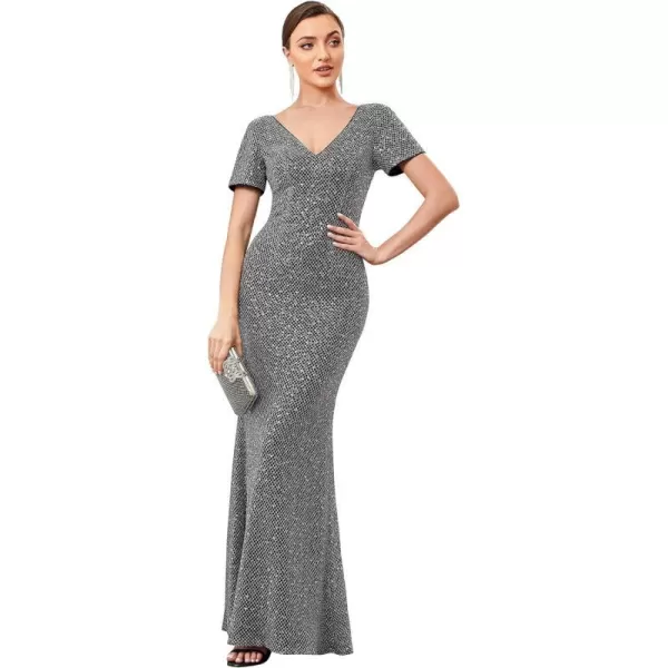 EverPretty Womens Sexy VNeck Short Sleeves Open Back Sequin Mermaid Maxi Formal Dresses 0324ABlack