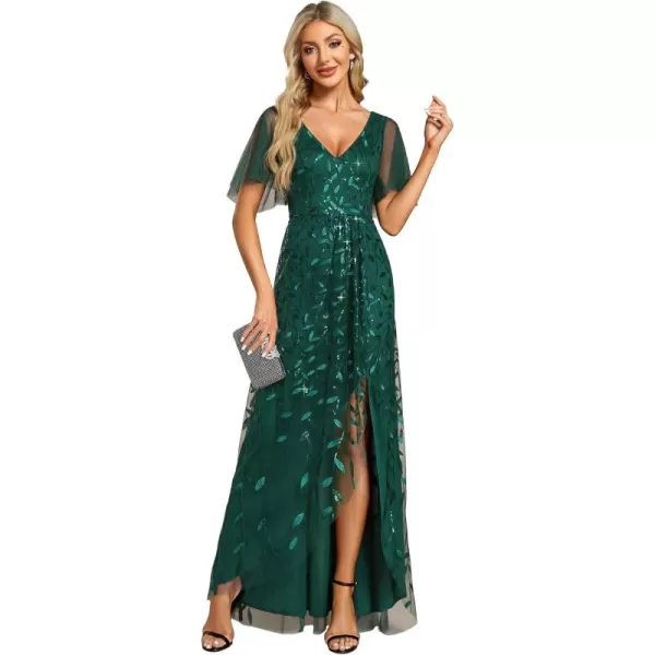 EverPretty Womens Shimmery Formal Dress V Neck Sequins ALine Side Slit Elegant Long Evening Dresses 02083Dark Green