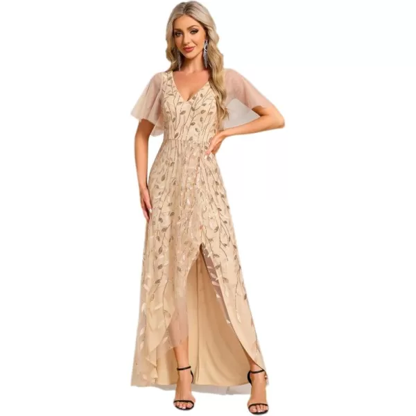 EverPretty Womens Shimmery Formal Dress V Neck Sequins ALine Side Slit Elegant Long Evening Dresses 02083Gold