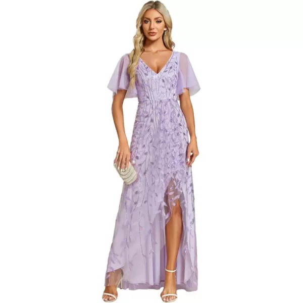 EverPretty Womens Shimmery Formal Dress V Neck Sequins ALine Side Slit Elegant Long Evening Dresses 02083Lavender