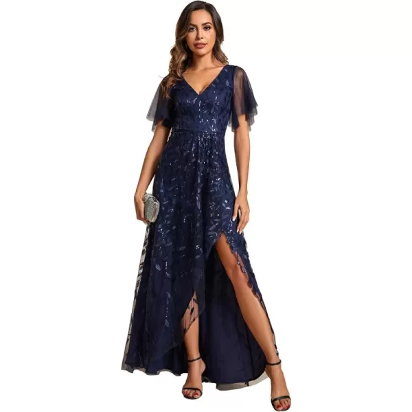 EverPretty Womens Shimmery Formal Dress V Neck Sequins ALine Side Slit Elegant Long Evening Dresses 02083Navy Blue