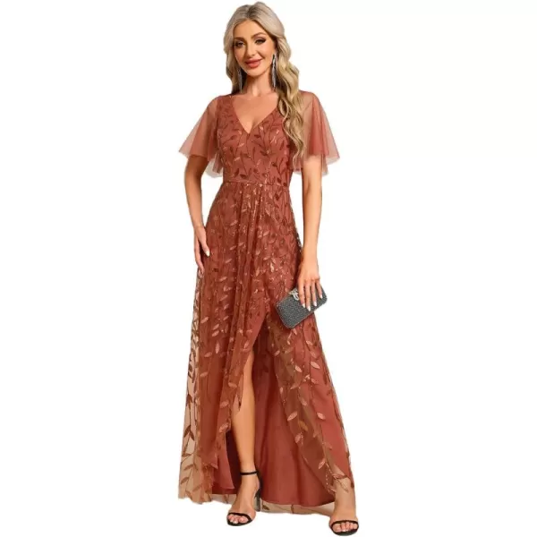 EverPretty Womens Shimmery Formal Dress V Neck Sequins ALine Side Slit Elegant Long Evening Dresses 02083Orange Burnt