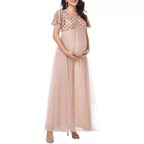 EverPretty Womens Short Sleeves Crew Neck Tulle A Line Sequin Maxi Fall Maternity Dress 0340AEYRose Gold