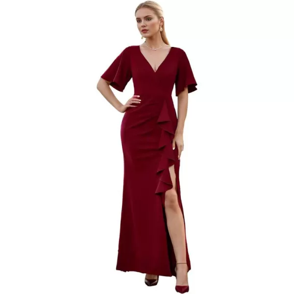 EverPretty Womens Short Sleeves Slit Pleated Bodycon Formal Dresses with Lotus Leaf 00014Burgundy