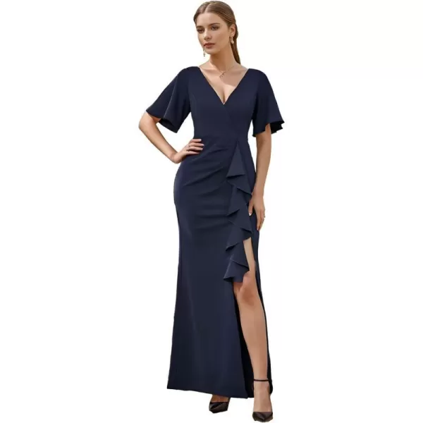 EverPretty Womens Short Sleeves Slit Pleated Bodycon Formal Dresses with Lotus Leaf 00014Navy Blue