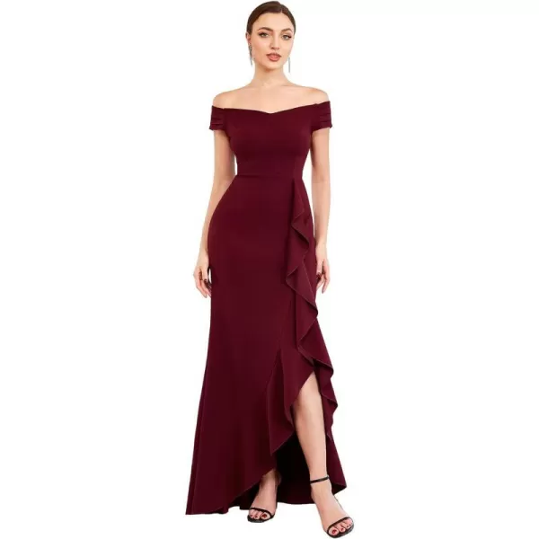 EverPretty Womens Side Split Off Shoulder Cap Sleeve Mermaid Elastic Formal Long Dress with Ruffles 00018USBurgundy