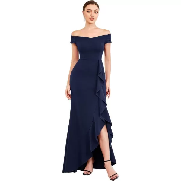 EverPretty Womens Side Split Off Shoulder Cap Sleeve Mermaid Elastic Formal Long Dress with Ruffles 00018USNavy Blue