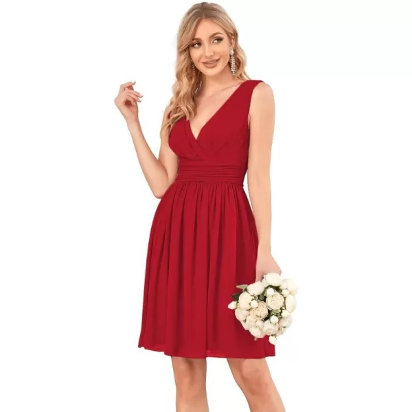 EverPretty Womens Sleeveless KneeLength V Neck Ruched Chiffon Formal Party Dress 3989Red