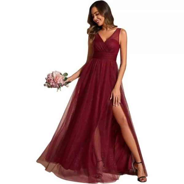 EverPretty Womens Sleeveless V Neck A Line Glitter Floor Length Split Formal Dresses S0014Burgundy