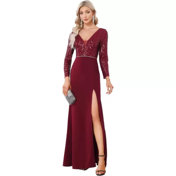 EverPretty Womens Sparkle Deep VNeck Long Sleeves Side Slit Sequin Floor Length Formal Dresses 01507Burgundy