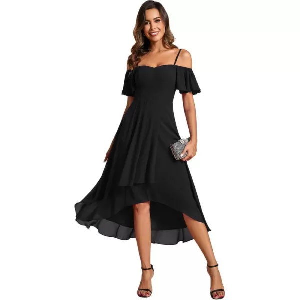 EverPretty Womens Spring Off Shoulder Ruffle Sleeves Ruched High Low Chiffon Wedding Guest Dress 02103Black