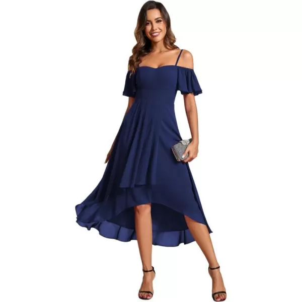 EverPretty Womens Spring Off Shoulder Ruffle Sleeves Ruched High Low Chiffon Wedding Guest Dress 02103Navy Blue