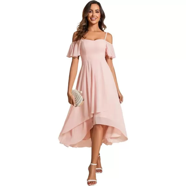 EverPretty Womens Spring Off Shoulder Ruffle Sleeves Ruched High Low Chiffon Wedding Guest Dress 02103Pink