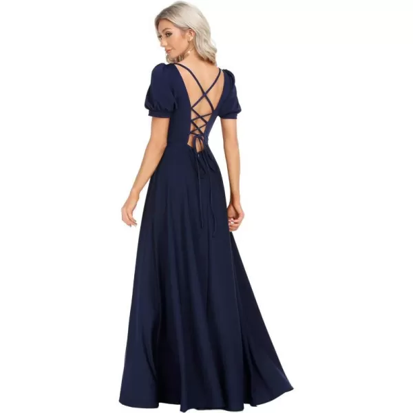 EverPretty Womens Square Neck Puffy Sleeves Open Back A Line FloorLength Formal Dresses 01604Navy Blue