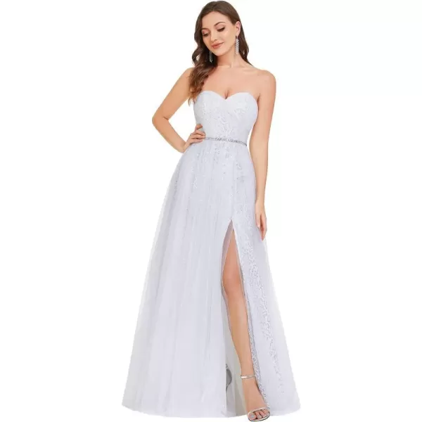 EverPretty Womens Strapless Lace up Back Sequin ALine Side Slit Floor Length Wedding Dress 01381White