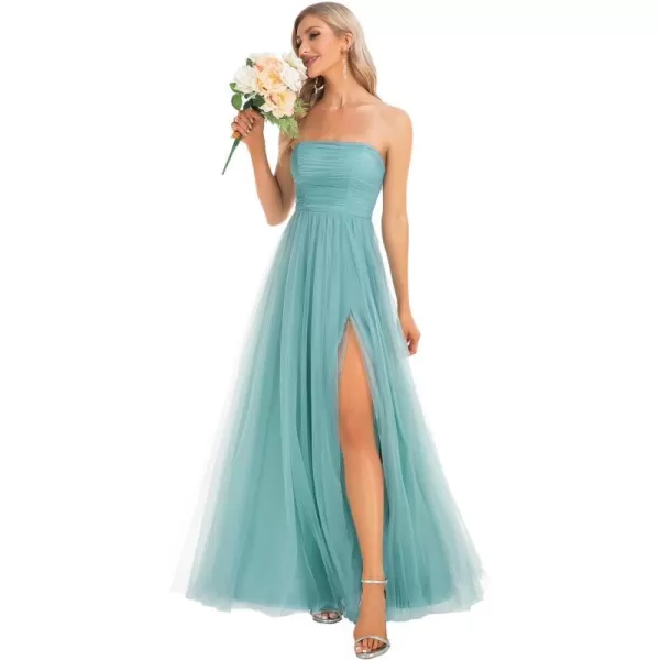 EverPretty Womens Strapless Ruched Aline Tulle High Slit Maxi Evening Party Dress 0134ADusty Blue