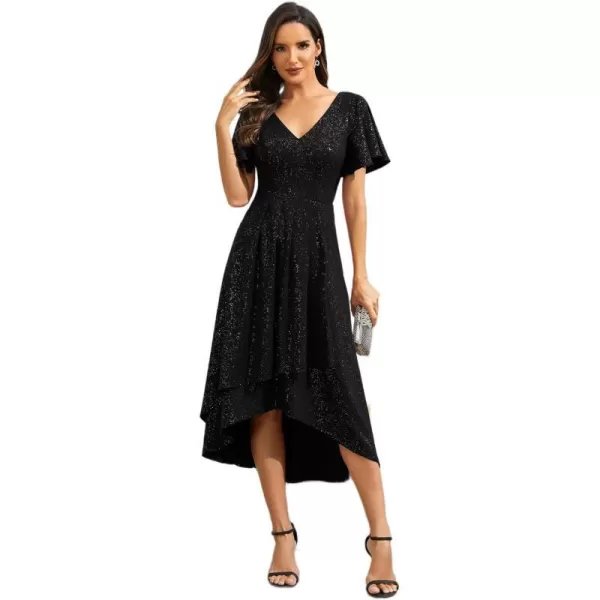 EverPretty Womens Summer Dress V Neck Backless Short Sleeves High Low Glitter Midi Semi Formal Dresses 71926Black