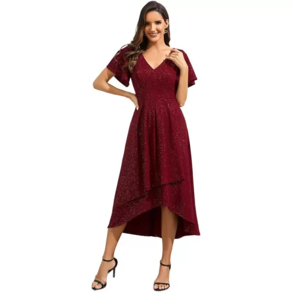 EverPretty Womens Summer Dress V Neck Backless Short Sleeves High Low Glitter Midi Semi Formal Dresses 71926Burgundy