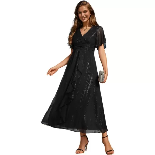 EverPretty Womens Summer Glitter Knot Waist V Neck Ruffles Sleeves Pleated Wedding Guest Dress 02131Black