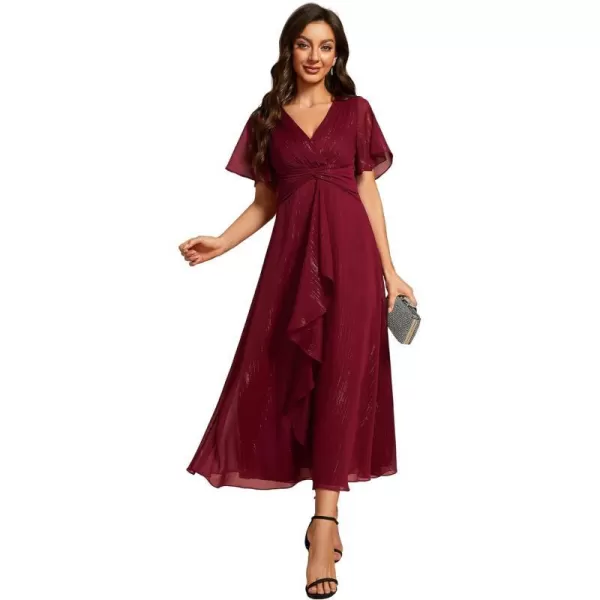 EverPretty Womens Summer Glitter Knot Waist V Neck Ruffles Sleeves Pleated Wedding Guest Dress 02131Burgundy