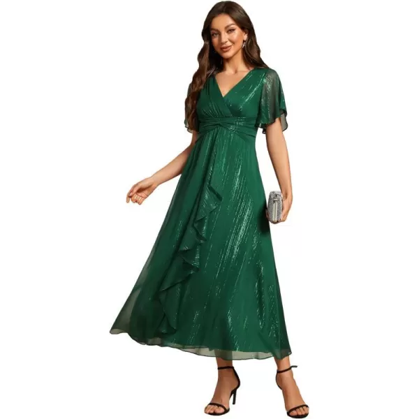 EverPretty Womens Summer Glitter Knot Waist V Neck Ruffles Sleeves Pleated Wedding Guest Dress 02131Dark Green