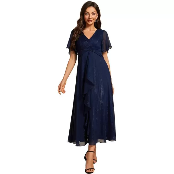 EverPretty Womens Summer Glitter Knot Waist V Neck Ruffles Sleeves Pleated Wedding Guest Dress 02131Navy Blue