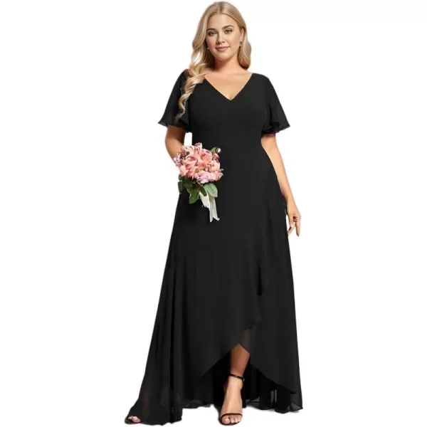 EverPretty Womens Summer V Neck High Low Chiffon Plus Size Curvy Semi Formal Wedding Guest Dresses with Sleeves 1749DAPHBlack