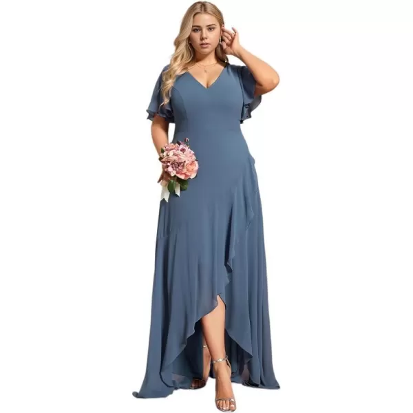 EverPretty Womens Summer V Neck High Low Chiffon Plus Size Curvy Semi Formal Wedding Guest Dresses with Sleeves 1749DAPHDusty Navy