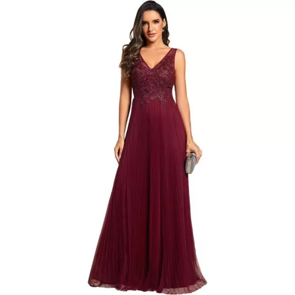 EverPretty Womens Trendy Tulle V Neck Appliques Pleated Evening Dresses 01983Burgundy