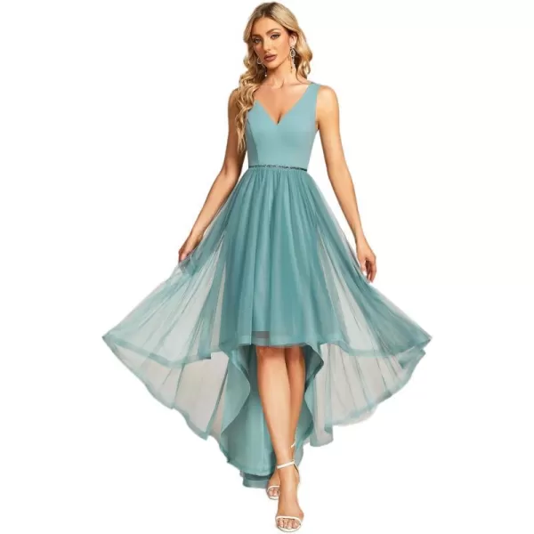 EverPretty Womens Tulle HighLow VNeck Pleated Summer Prom Dress with Beaded 01769Dusty Blue