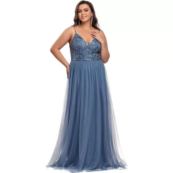 EverPretty Womens Tulle V Neck Embroidery Plus Size Sequin Evening Dresses 50090Haze Blue