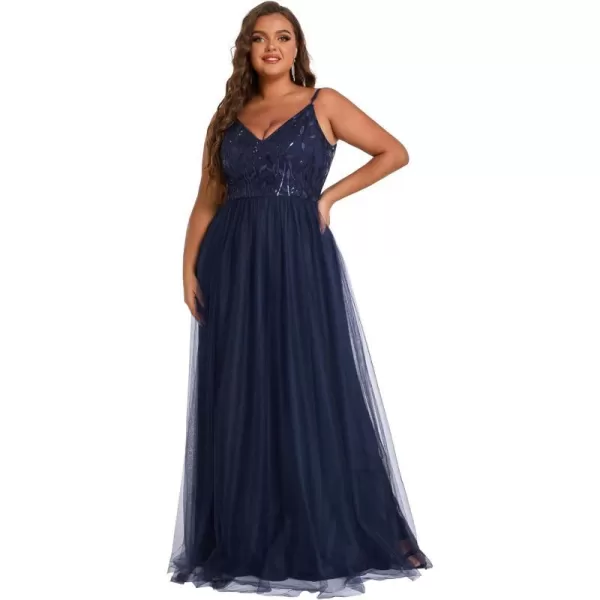 EverPretty Womens Tulle V Neck Embroidery Plus Size Sequin Evening Dresses 50090Navy Blue