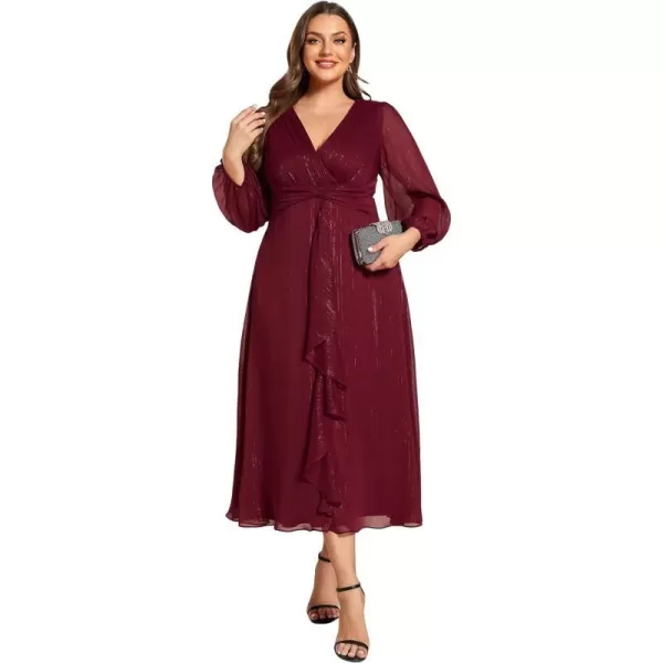 EverPretty Womens V Neck A Line Pleated Tea Length Plus Size Midi Semi Fromal Dress 01977DABurgundy