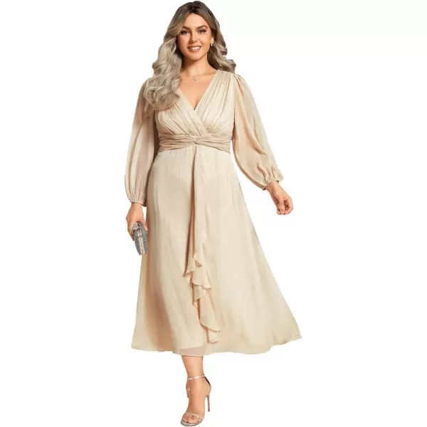 EverPretty Womens V Neck A Line Pleated Tea Length Plus Size Midi Semi Fromal Dress 01977DAChampagne