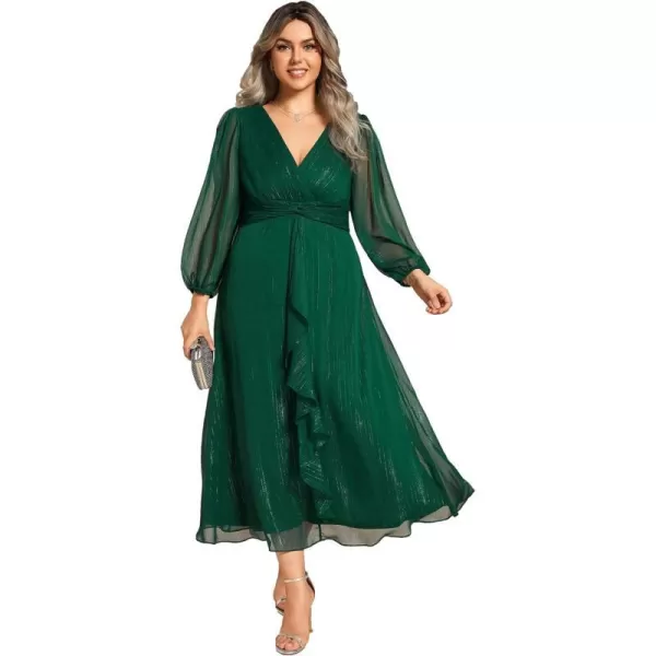 EverPretty Womens V Neck A Line Pleated Tea Length Plus Size Midi Semi Fromal Dress 01977DADark Green