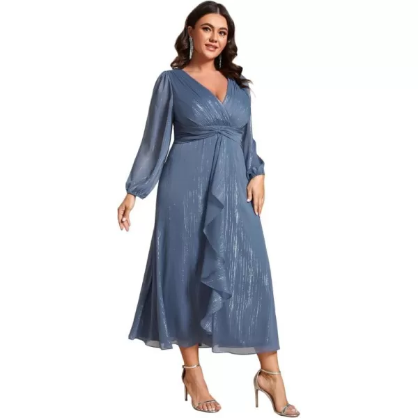 EverPretty Womens V Neck A Line Pleated Tea Length Plus Size Midi Semi Fromal Dress 01977DADusty Navy