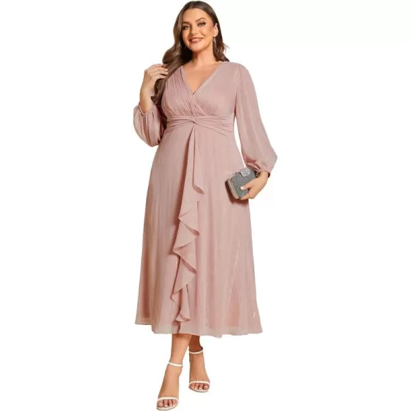 EverPretty Womens V Neck A Line Pleated Tea Length Plus Size Midi Semi Fromal Dress 01977DADusty Rose