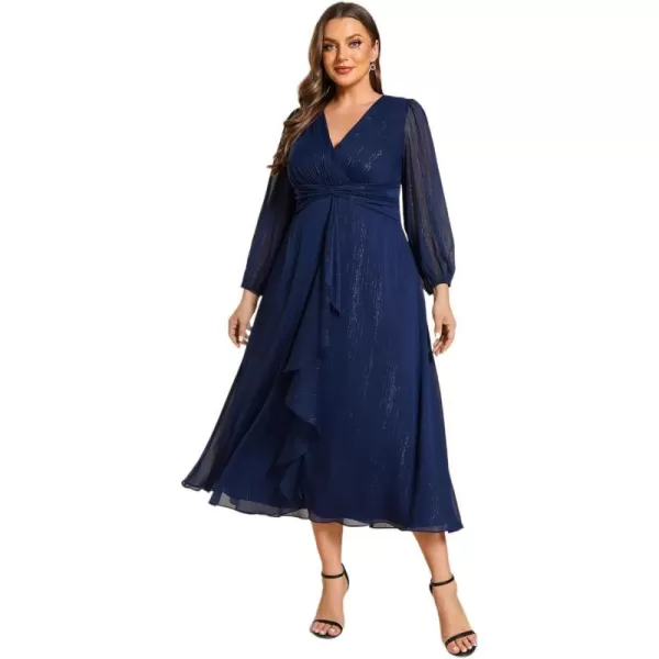 EverPretty Womens V Neck A Line Pleated Tea Length Plus Size Midi Semi Fromal Dress 01977DANavy Blue