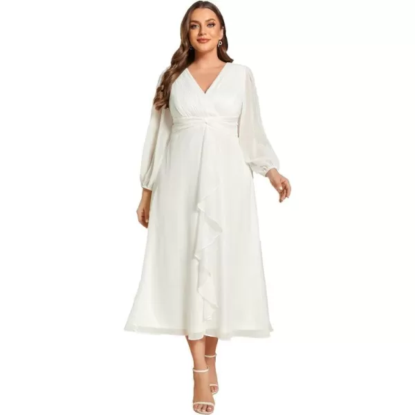 EverPretty Womens V Neck A Line Ruched Plus Size Midi Wedding Guest Dresses with Sleeves 01977DACream