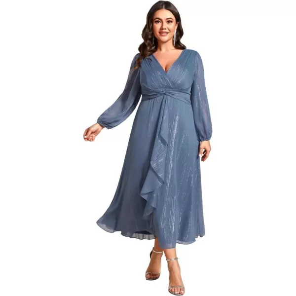 EverPretty Womens V Neck A Line Ruched Plus Size Midi Wedding Guest Dresses with Sleeves 01977DADusty Navy