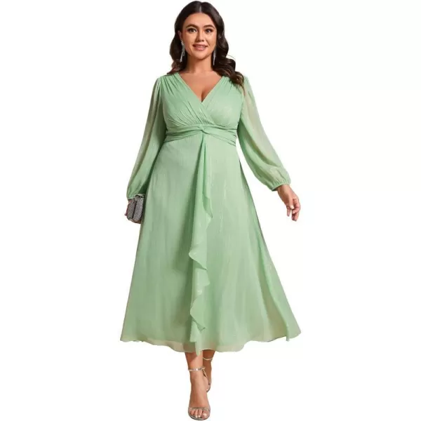 EverPretty Womens V Neck A Line Ruched Plus Size Midi Wedding Guest Dresses with Sleeves 01977DASummer Green