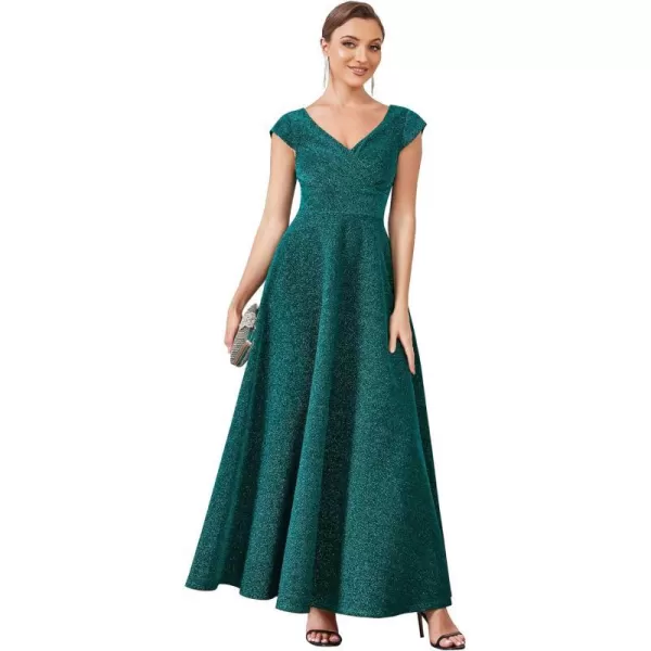 EverPretty Womens V Neck Cap Sleeves ALine Pleated Glitter Maxi Formal Dresses 01422Dark Green