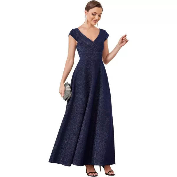 EverPretty Womens V Neck Cap Sleeves ALine Pleated Glitter Maxi Formal Dresses 01422Navy Blue