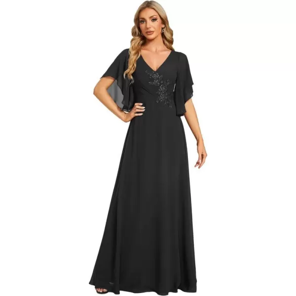 EverPretty Womens V Neck Half Sleeves A Line Applique Maxi Evening Dresses 02033Black