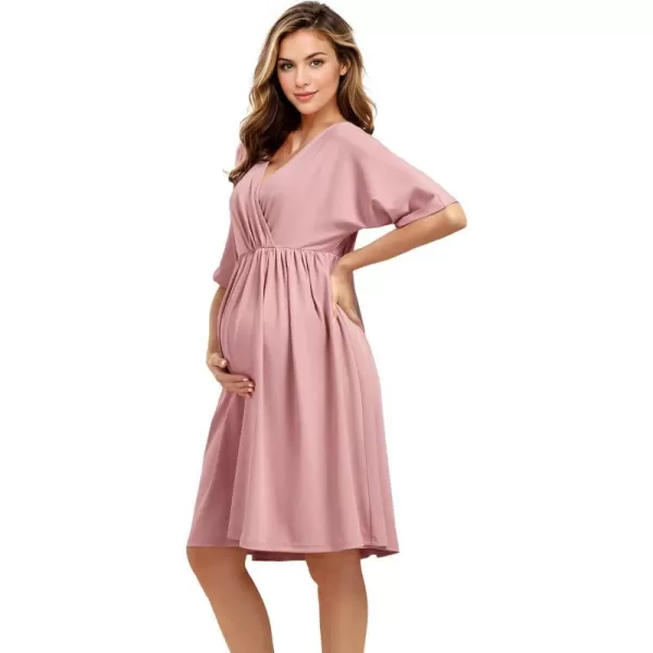 EverPretty Womens V Neck Half Sleeves A Line Knee Length Wrap Dress Casual Dresses Maternity Dresses 01801EYDusty Rose